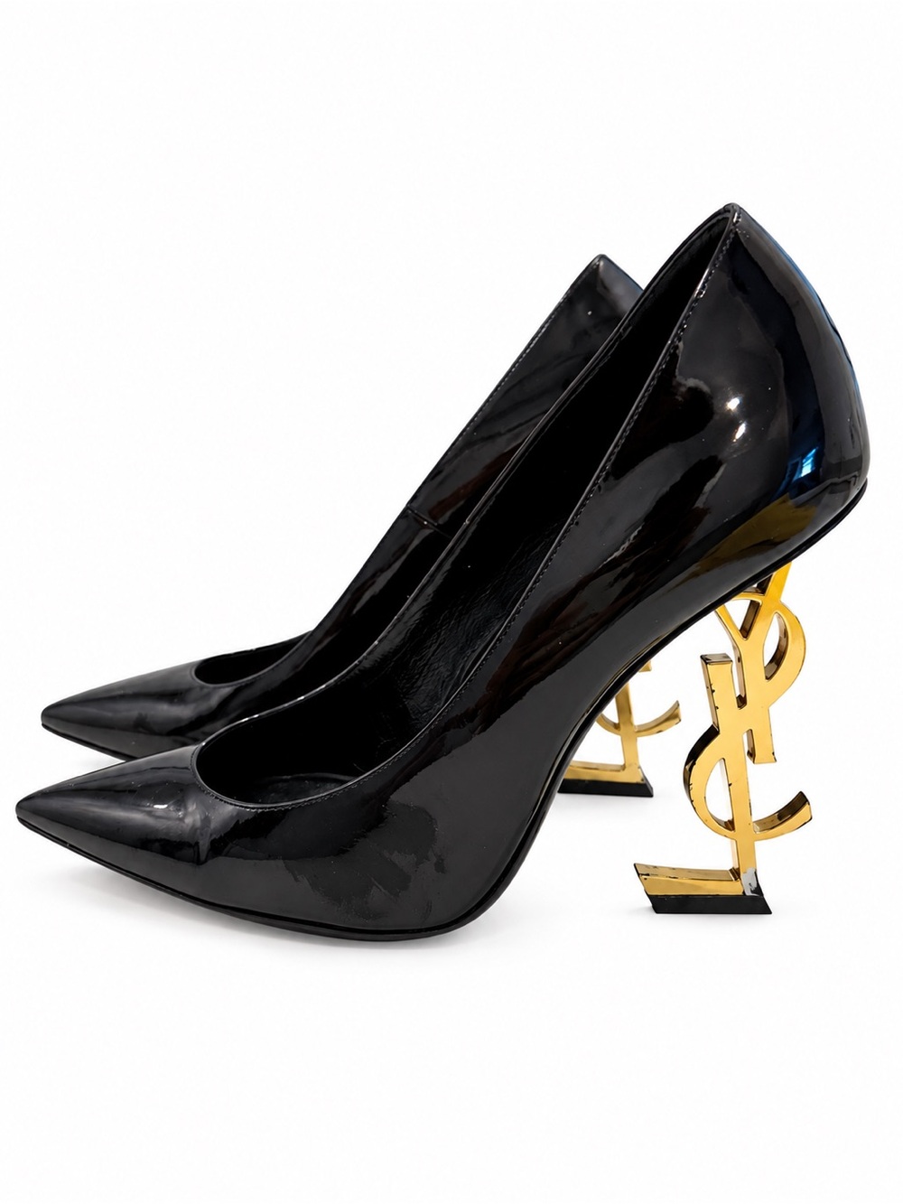 Saint Laurent Black Patent Pumps with Gold YSL Logo Heels